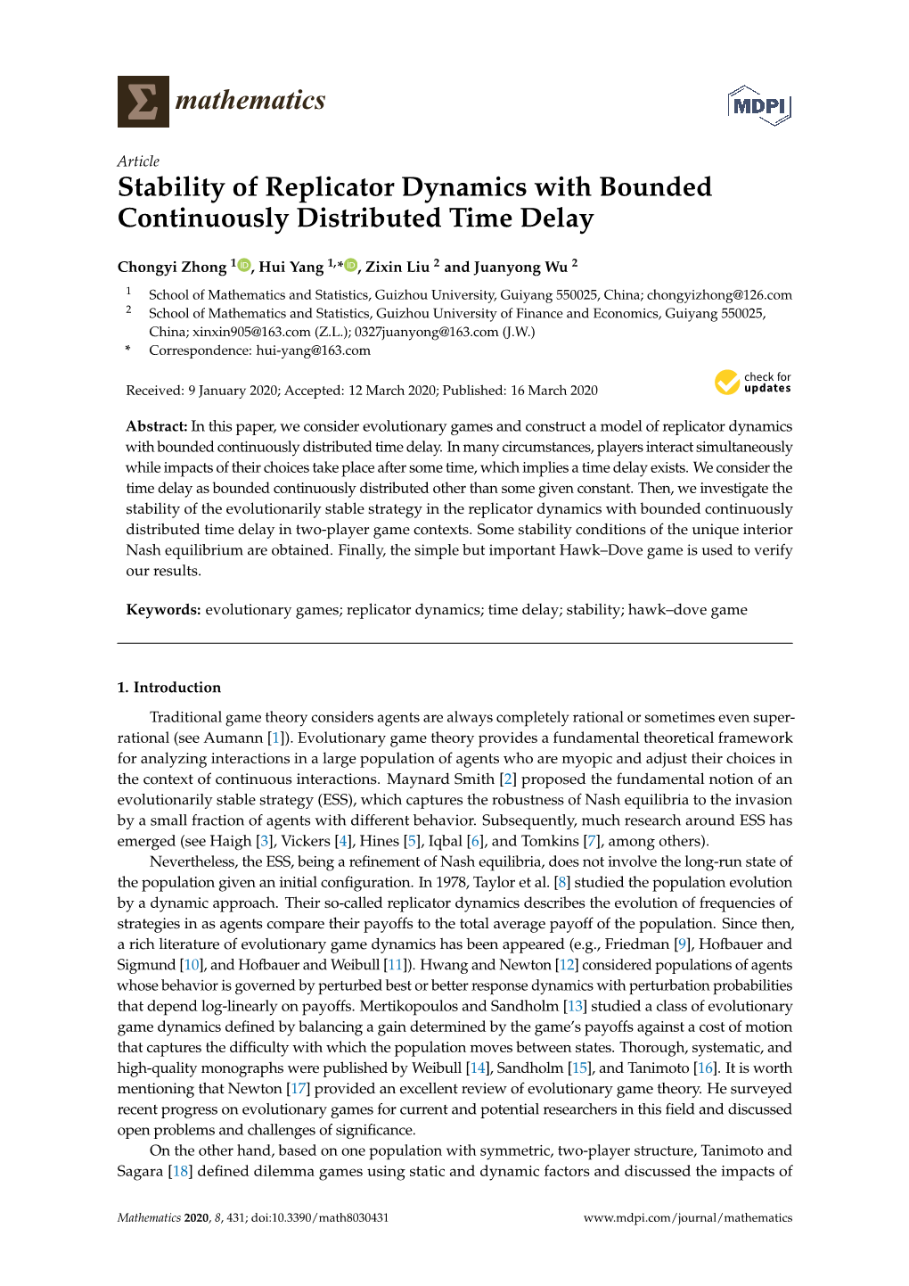 Stability of Replicator Dynamics with Bounded Continuously Distributed Time Delay