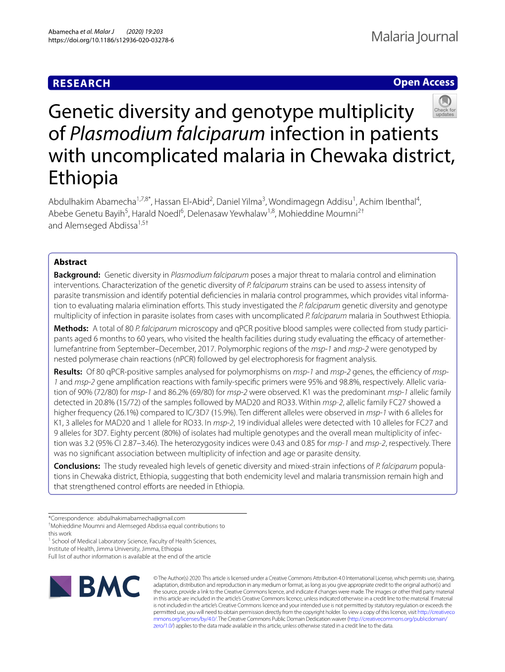 Genetic Diversity and Genotype Multiplicity of Plasmodium Falciparum Infection in Patients with Uncomplicated Malaria in Chewaka