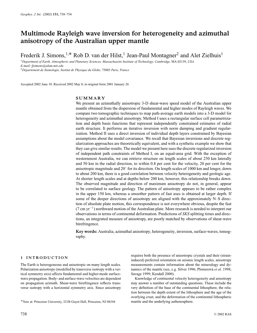 Multimode Rayleigh Wave Inversion for Heterogeneity and Azimuthal Anisotropy of the Australian Upper Mantle ∗ Frederik J
