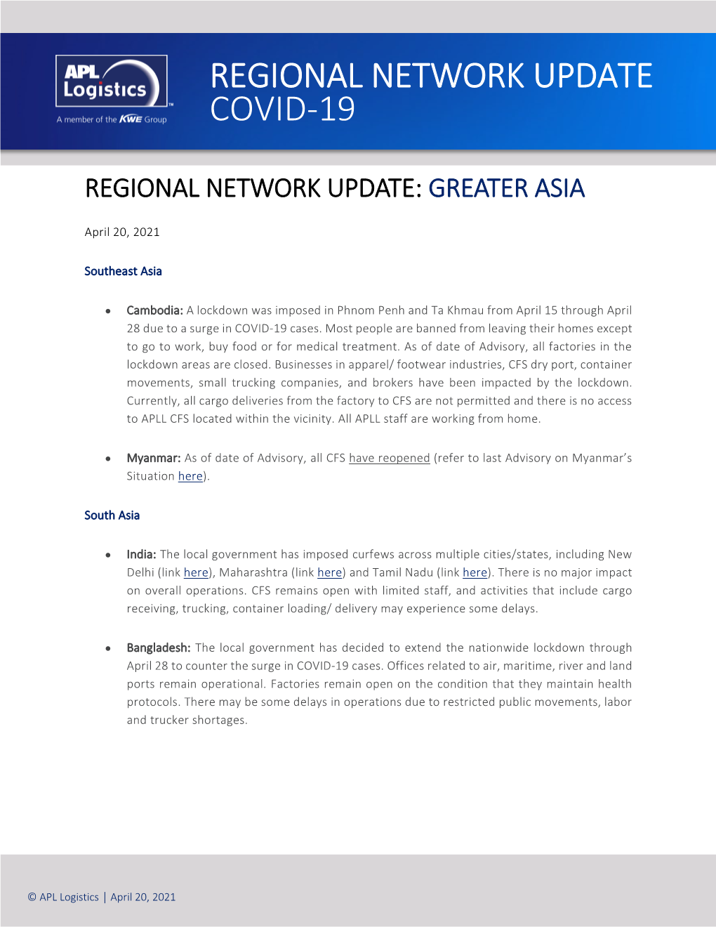 Regional Network Update Covid-19