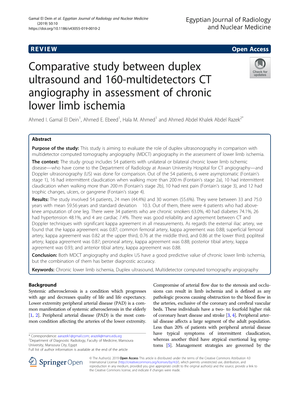 Comparative Study Between Duplex Ultrasound and 160-Multidetectors CT Angiography in Assessment of Chronic Lower Limb Ischemia Ahmed I