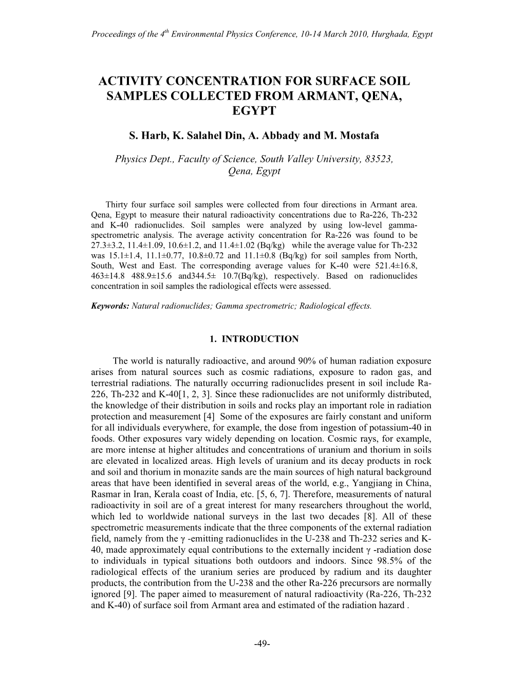 Activity Concentration for Surface Soil Samples Collected from Armant, Qena, Egypt