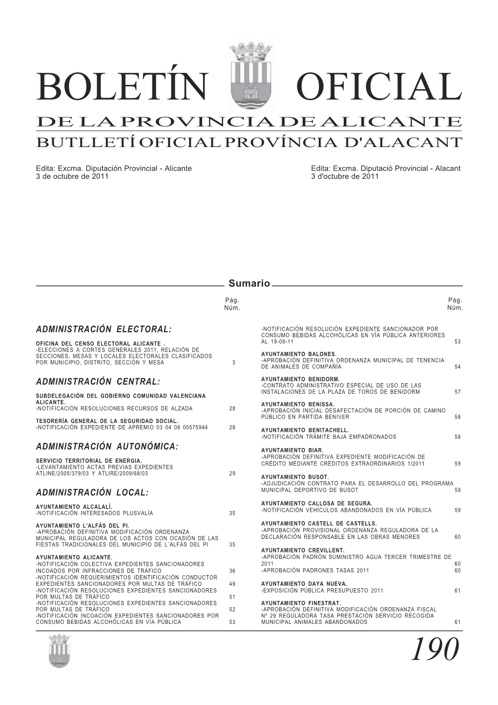 Boletín Oficial De La Provincia De Alicante Butlletí Oficial Província D'alacant