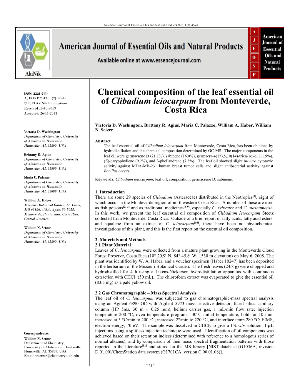 Chemical Composition of the Leaf Essential Oil of Clibadium