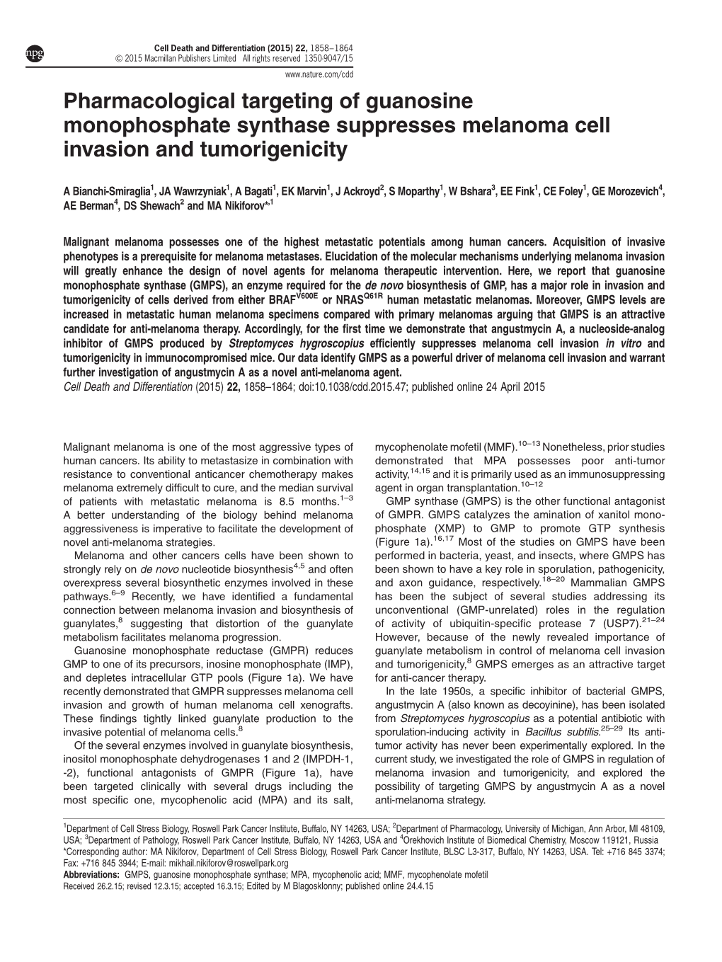 Pharmacological Targeting of Guanosine Monophosphate Synthase Suppresses Melanoma Cell Invasion and Tumorigenicity
