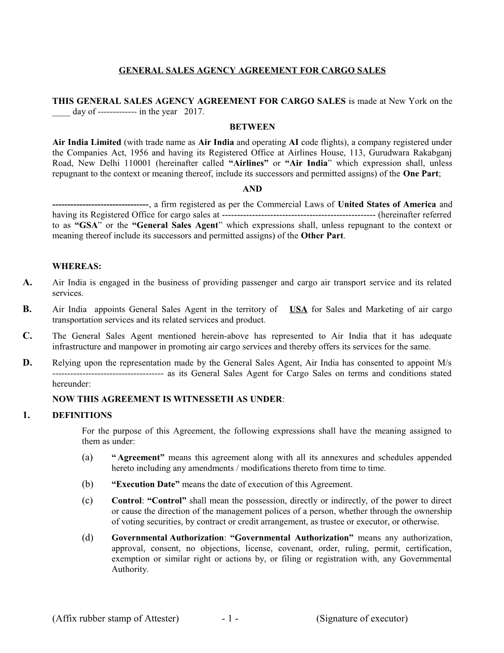 General Sales Agency Agreement for Passenger Sales