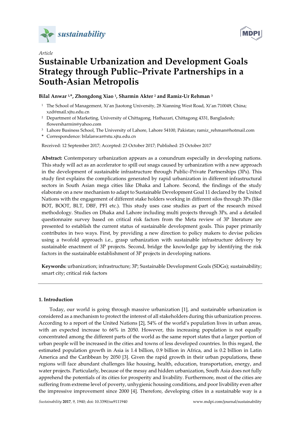 Sustainable Urbanization and Development Goals Strategy Through Public–Private Partnerships in a South-Asian Metropolis