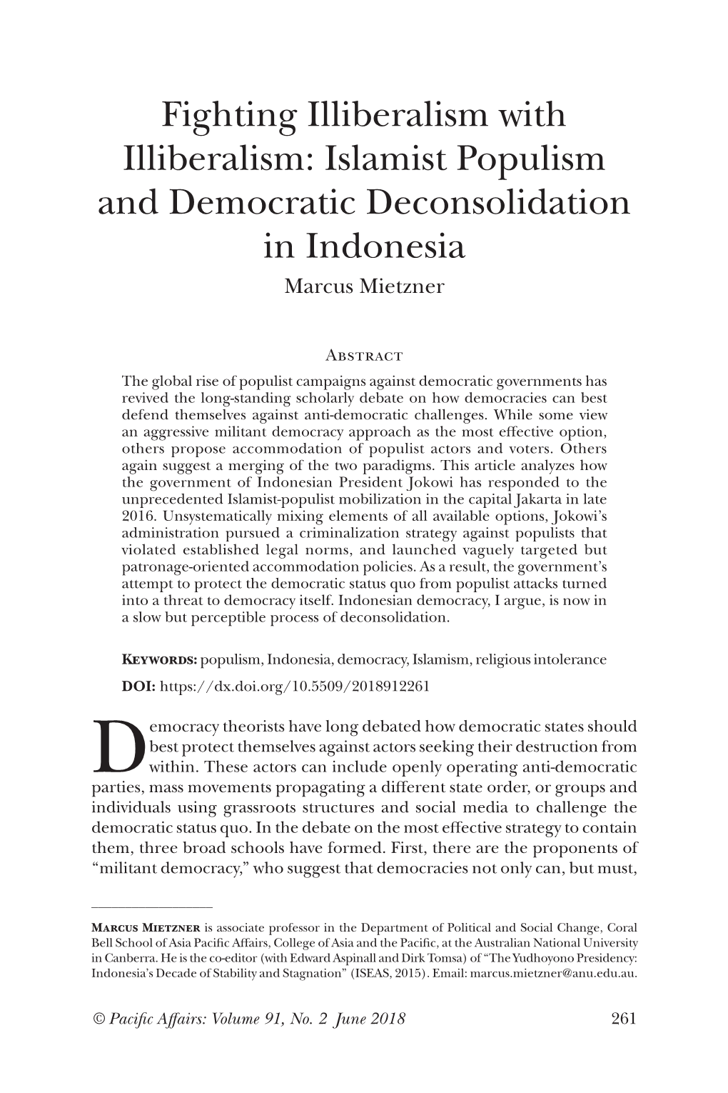 Islamist Populism and Democratic Deconsolidation in Indonesia Marcus Mietzner