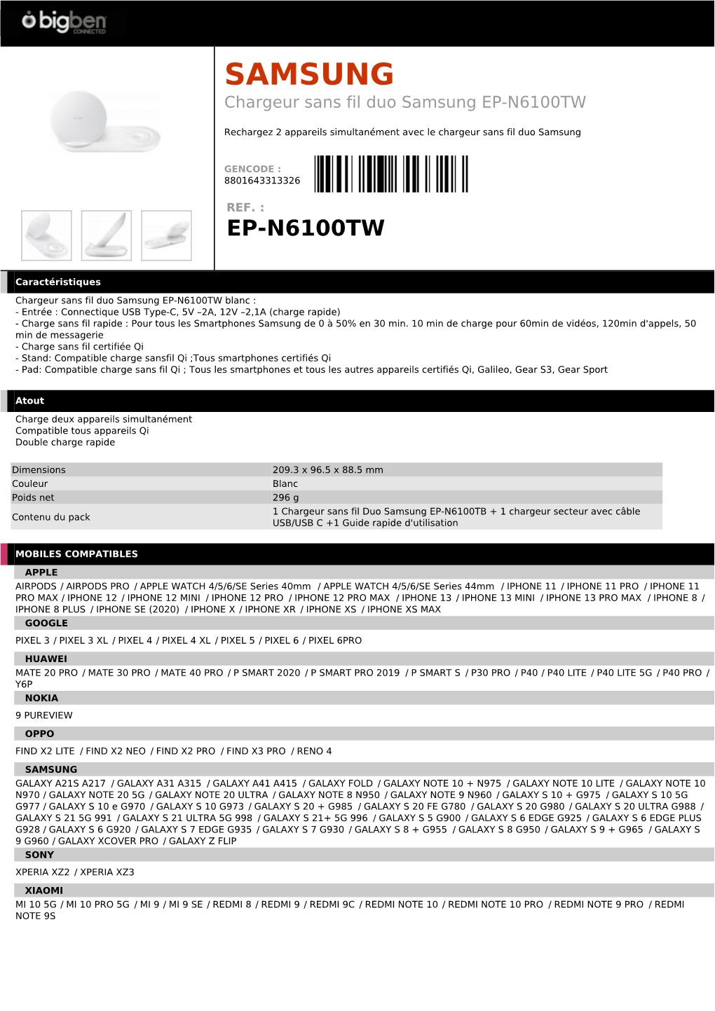 SAMSUNG Chargeur Sans Fil Duo Samsung EP-N6100TW