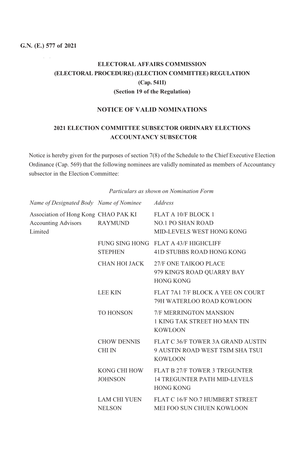 G.N. (E.) 577 of 2021 NOTICE of VALID NOMINATIONS