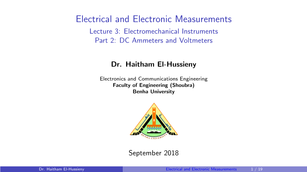 Electrical and Electronic Measurements Lecture 3: Electromechanical Instruments Part 2: DC Ammeters and Voltmeters