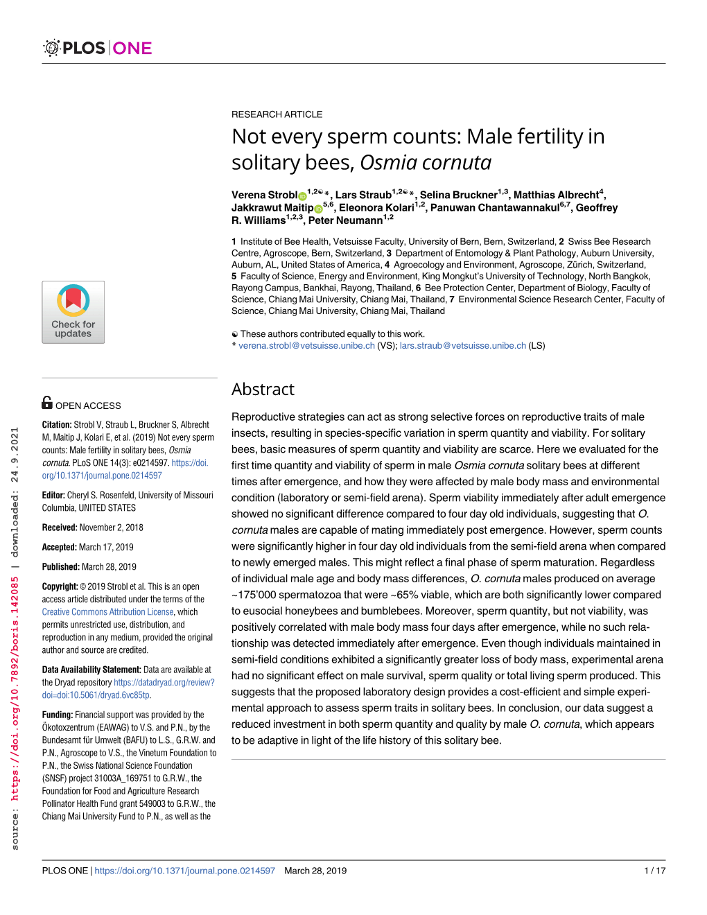 Not Every Sperm Counts: Male Fertility in Solitary Bees, Osmia Cornuta