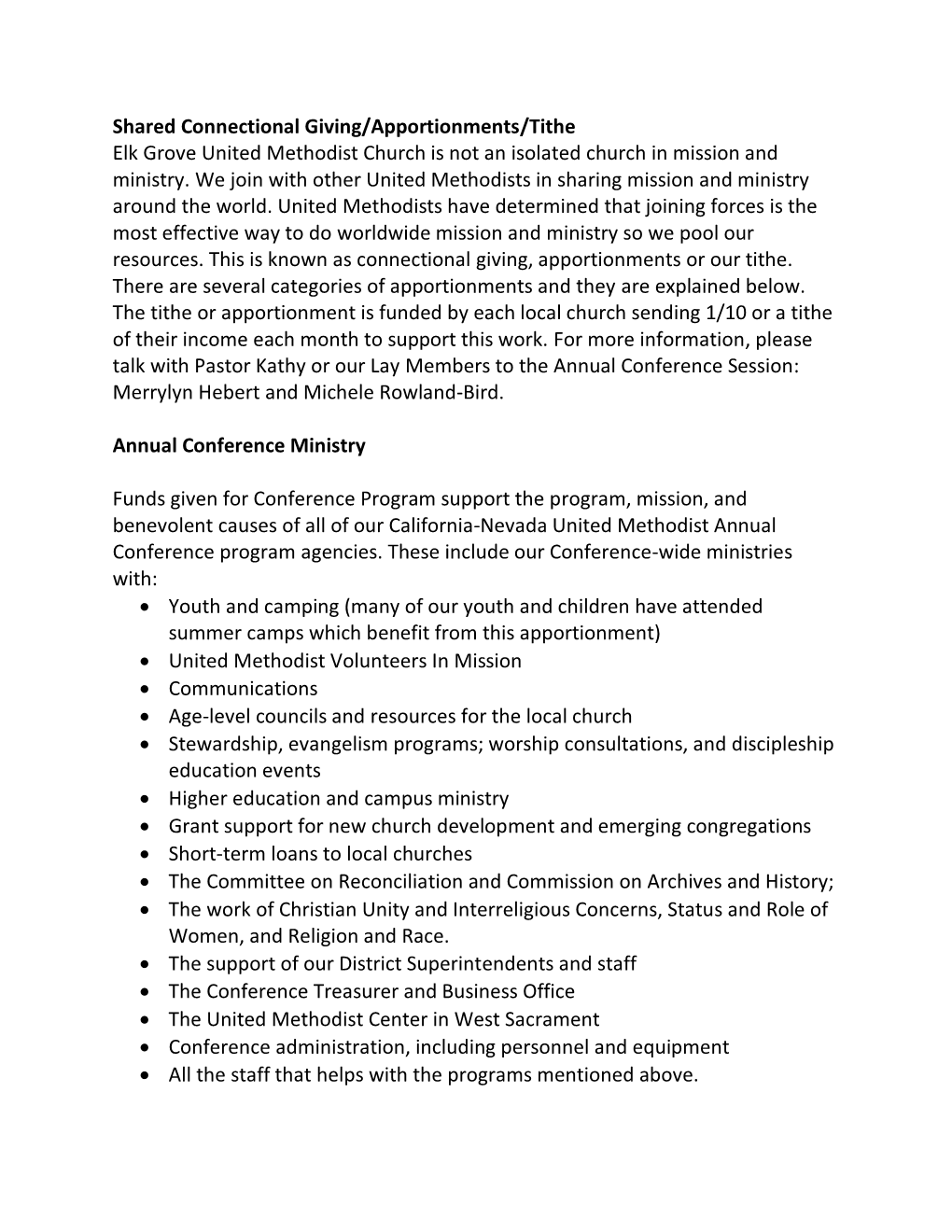 Shared Connectional Giving/Apportionments/Tithe Elk Grove United Methodist Church Is Not an Isolated Church in Mission and Ministry