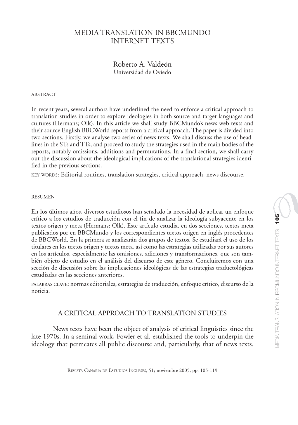 MEDIA TRANSLATION in BBCMUNDO INTERNET TEXTS 105 06 Valdeón.Pmd
