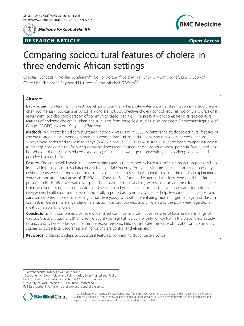 Comparing Sociocultural Features of Cholera in Three Endemic African
