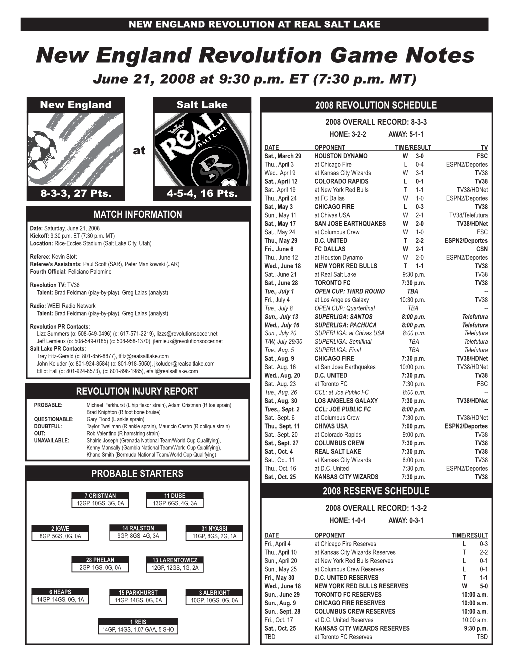 New England Revolution Game Notes June 21, 2008 at 9:30 P.M