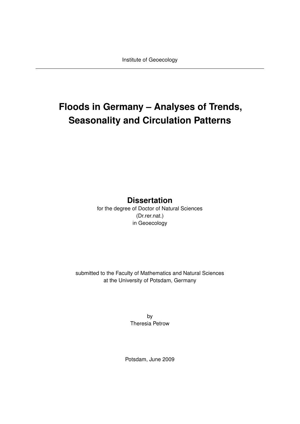 Floods in Germany – Analyses of Trends, Seasonality and Circulation Patterns
