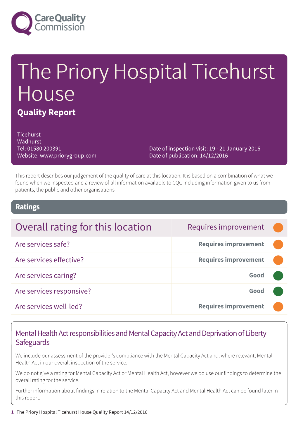 The Priory Hospital Ticehurst House Quality Report