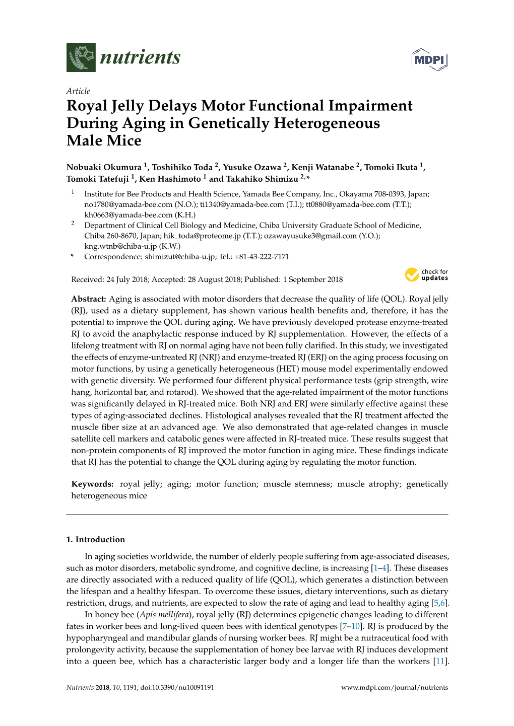 Royal Jelly Delays Motor Functional Impairment During Aging in Genetically Heterogeneous Male Mice