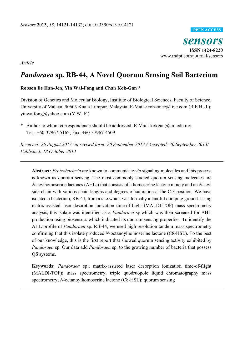 Pandoraea Sp. RB-44, a Novel Quorum Sensing Soil Bacterium