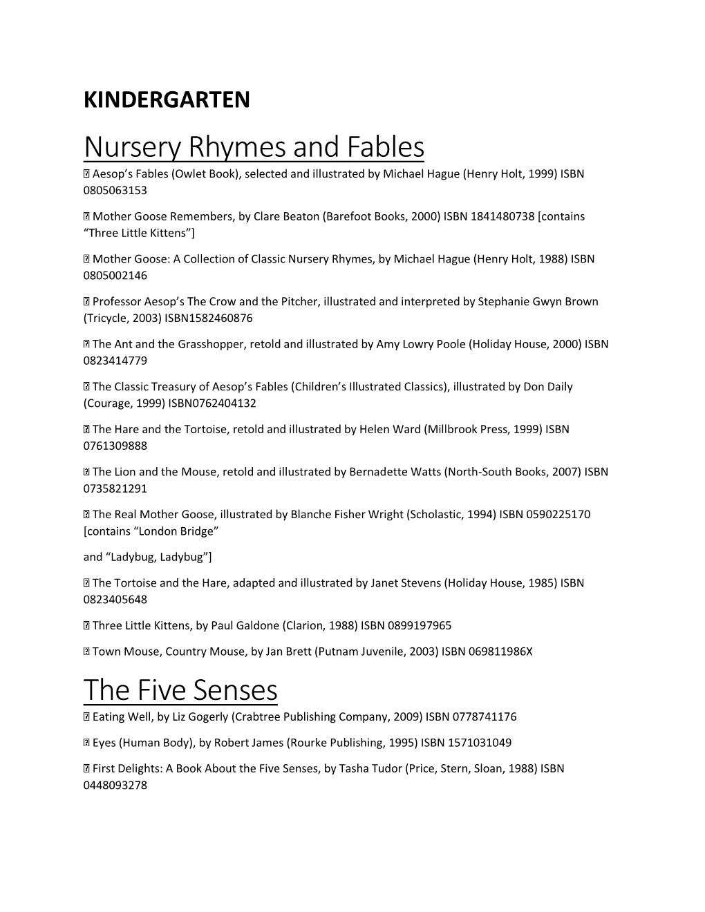 Nursery Rhymes and Fables the Five Senses