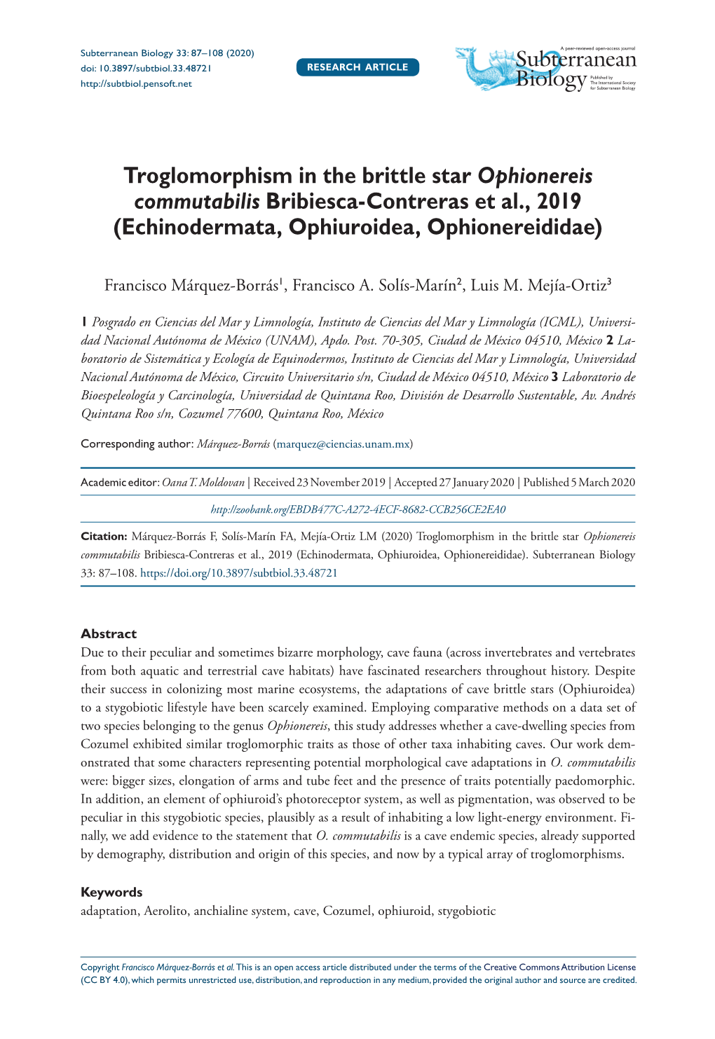 Troglomorphism in the Brittle Star Ophionereis Commutabilis Bribiesca-Contreras Et Al., 2019 (Echinodermata, Ophiuroidea, Ophionereididae)