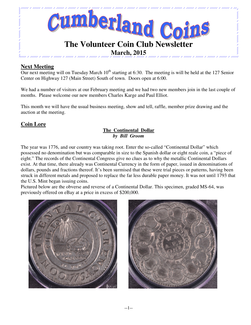 The Volunteer Coin Club Newsletter March, 2015