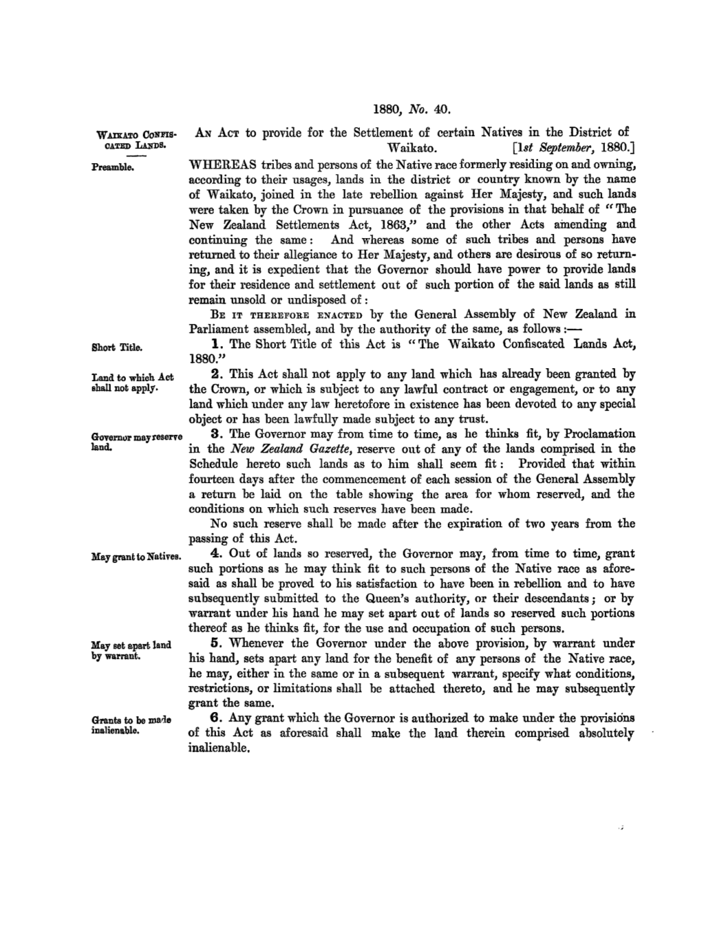 44 VICT 1880 No 40 Waikato Confiscated Lands