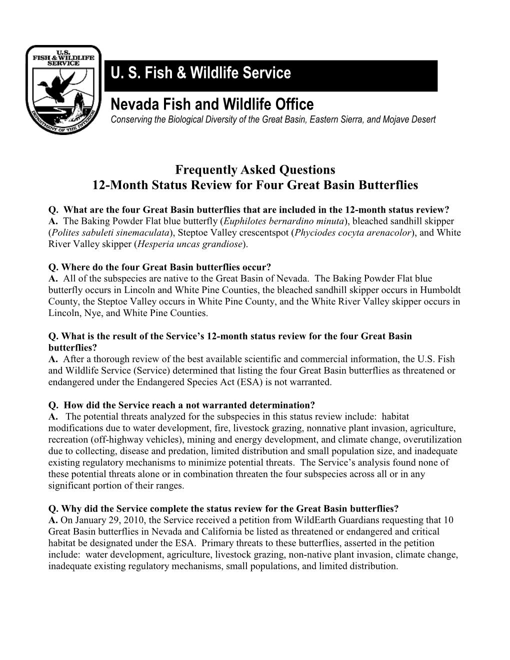 Nevada Fish and Wildlife Office Conserving the Biological Diversity of the Great Basin, Eastern Sierra, and Mojave Desert