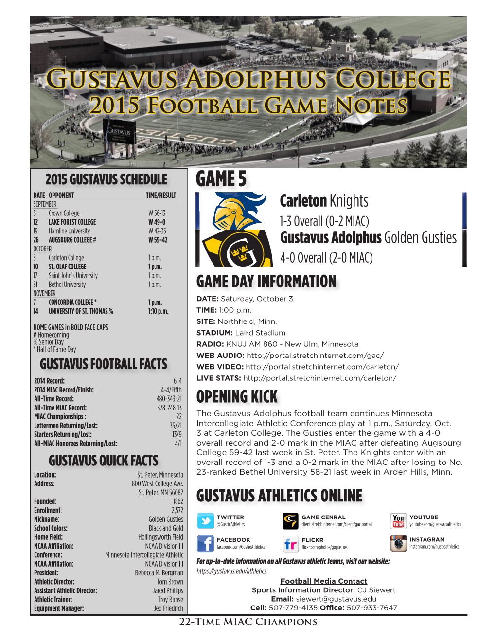 2015 GUSTAVUS FOOTBALL GAME NOTES Notes