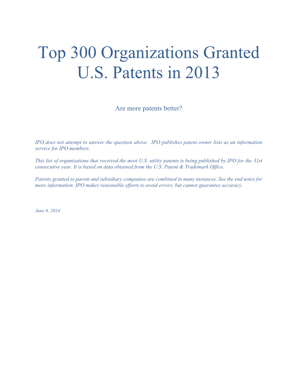Top 300 Organizations Granted U.S. Patents in 2013