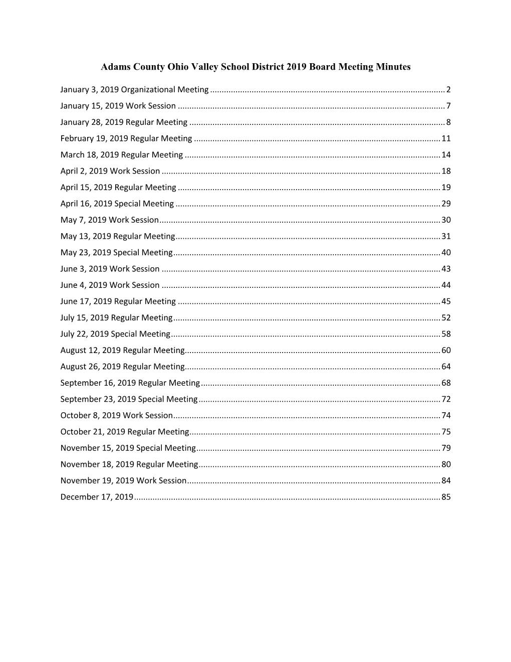 Adams County Ohio Valley School District 2019 Board Meeting Minutes