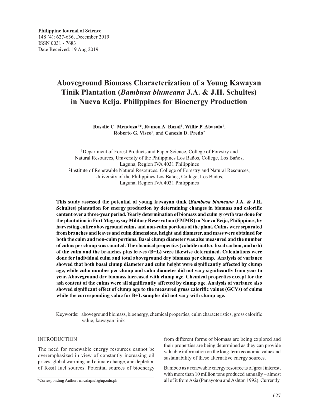 Aboveground Biomass Characterization of a Young Kawayan Tinik Plantation (Bambusa Blumeana J.A