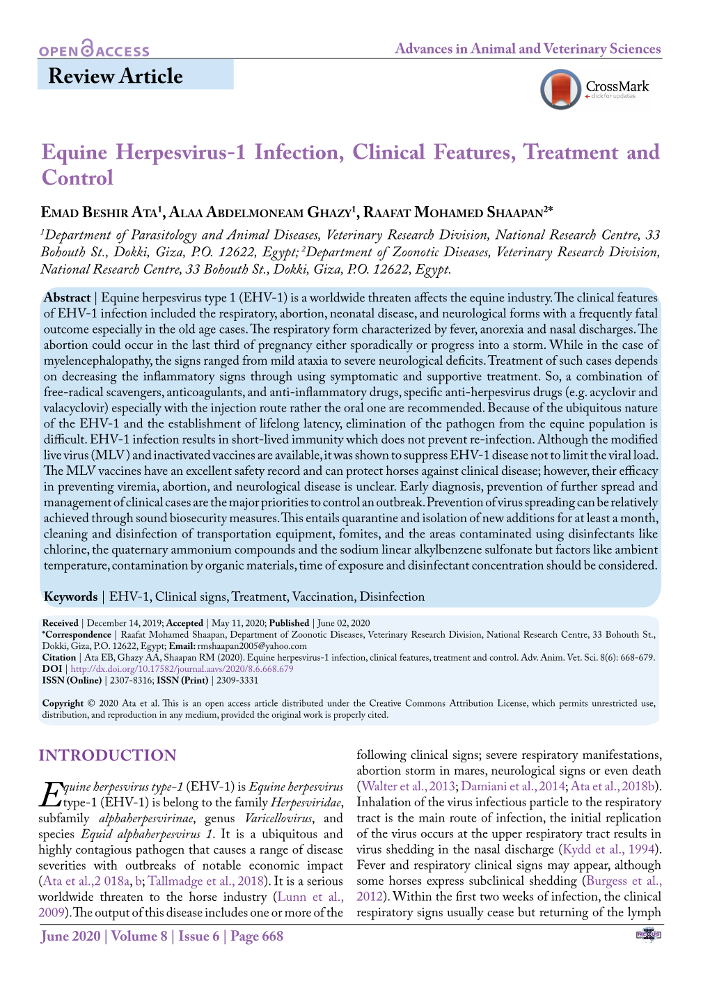 Equine Herpesvirus-1 Infection, Clinical Features, Treatment and Control