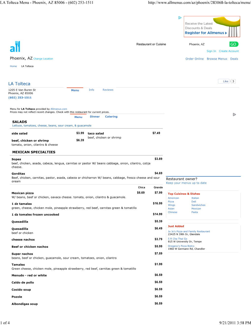 LA Tolteca Menu - Phoenix, AZ 85006 - (602) 253-1511