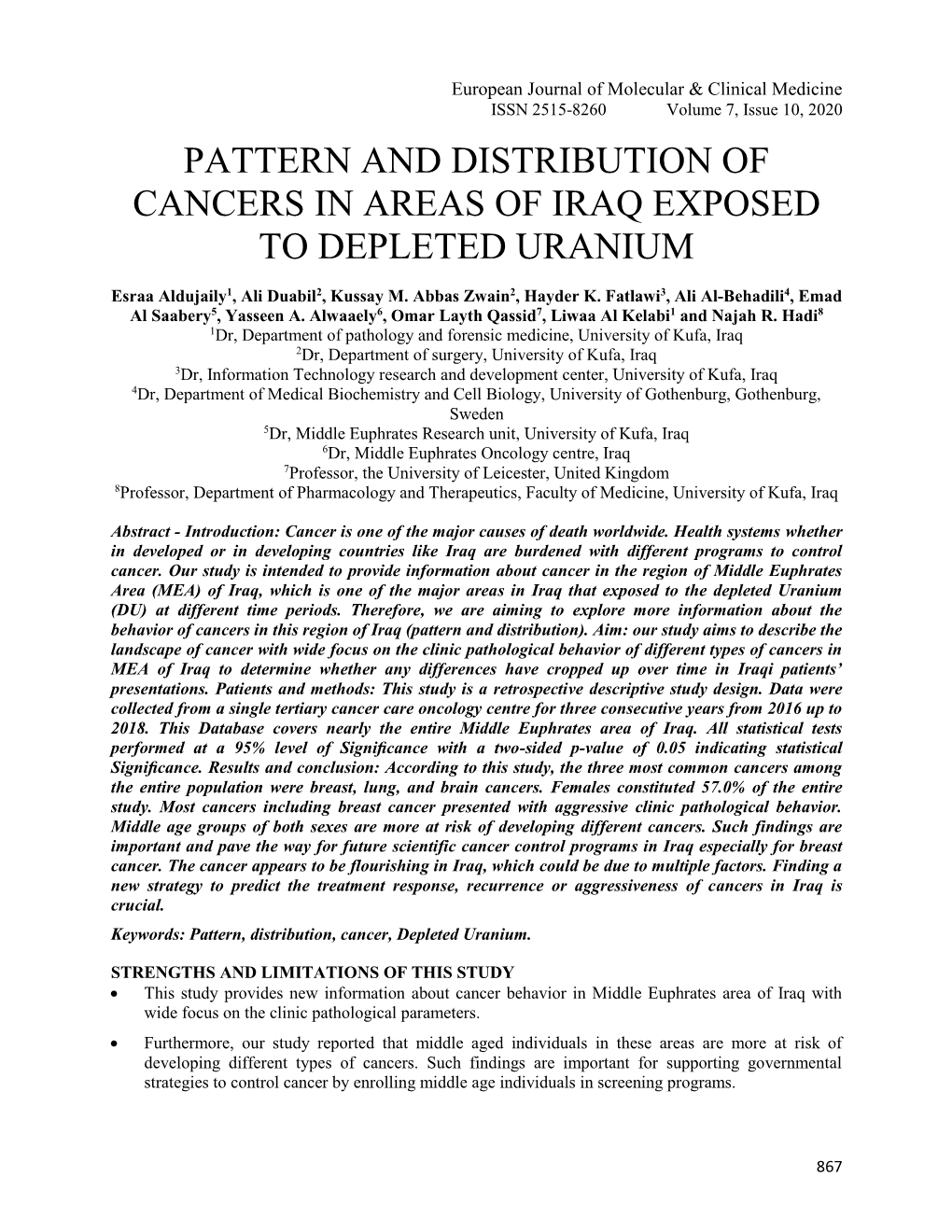 Pattern and Distribution of Cancers in Areas of Iraq Exposed to Depleted Uranium