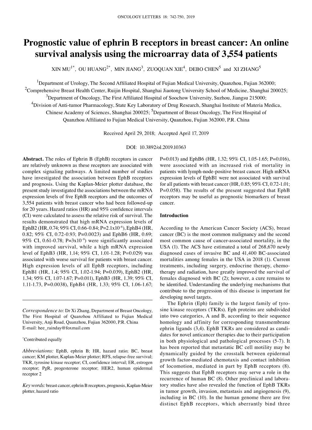 Prognostic Value of Ephrin B Receptors in Breast Cancer: an Online Survival Analysis Using the Microarray Data of 3,554 Patients