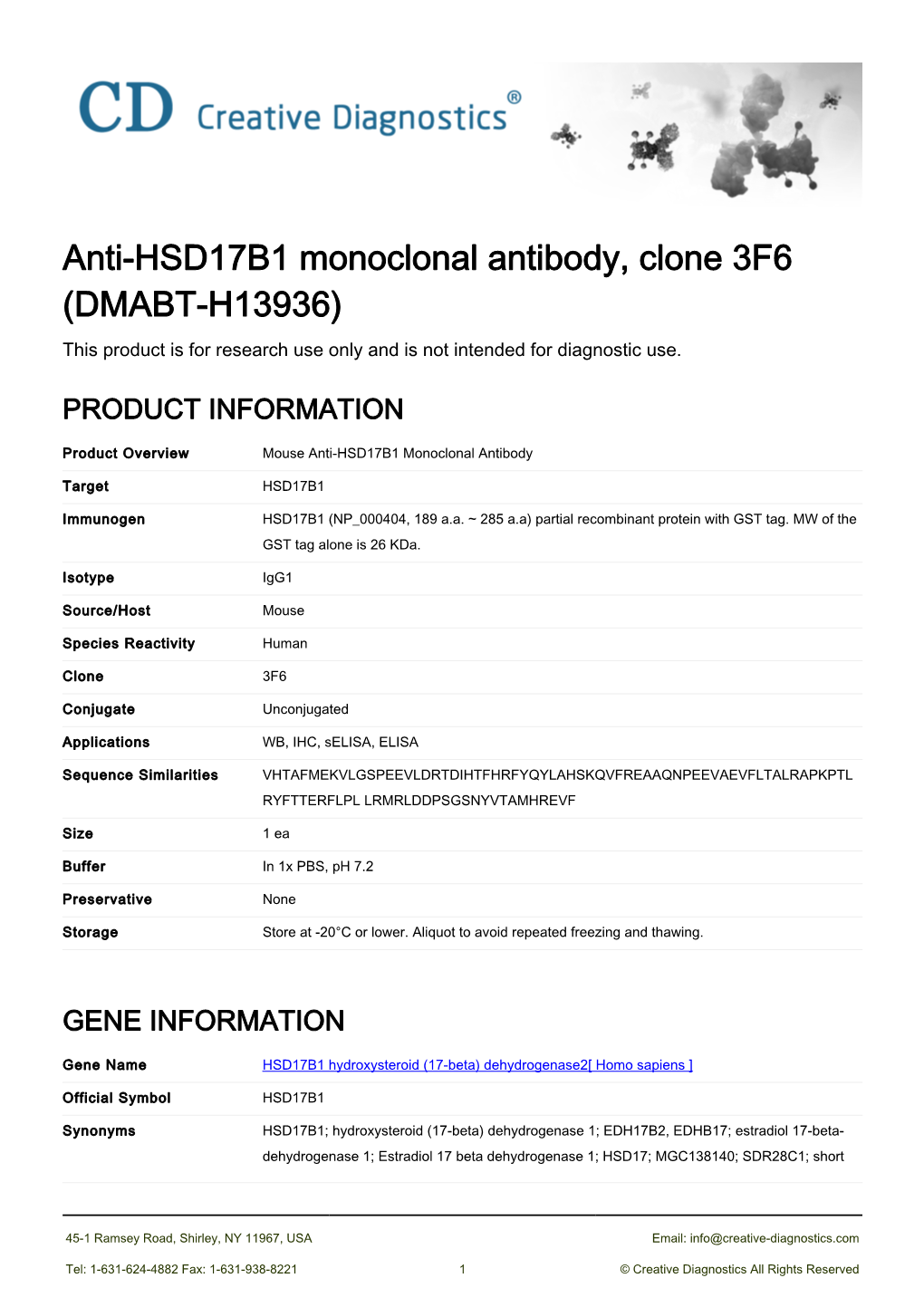 Anti-HSD17B1 Monoclonal Antibody, Clone 3F6 (DMABT-H13936) This Product Is for Research Use Only and Is Not Intended for Diagnostic Use