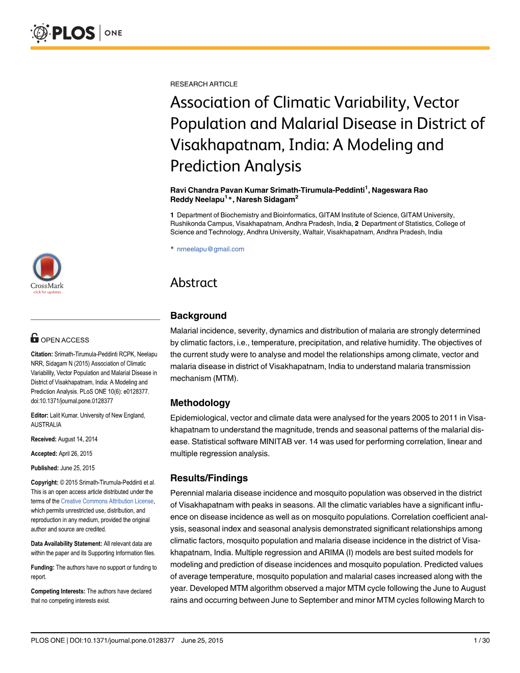 Association of Climatic Variability, Vector Population and Malarial Disease in District of Visakhapatnam, India: a Modeling and Prediction Analysis