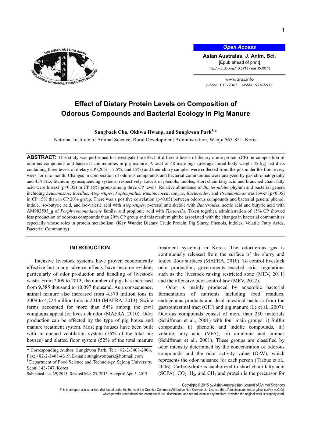 Effect of Dietary Protein Levels on Composition of Odorous Compounds and Bacterial Ecology in Pig Manure