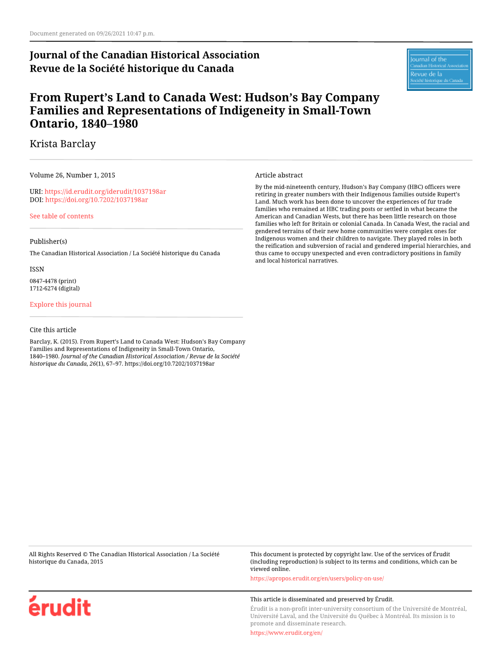 From Rupert's Land to Canada West: Hudson's Bay Company Families