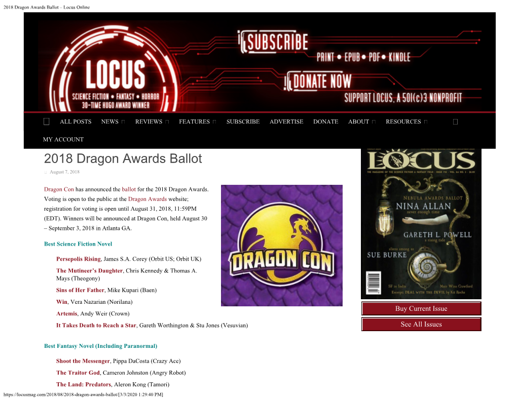 2018 Dragon Awards Ballot – Locus Online
