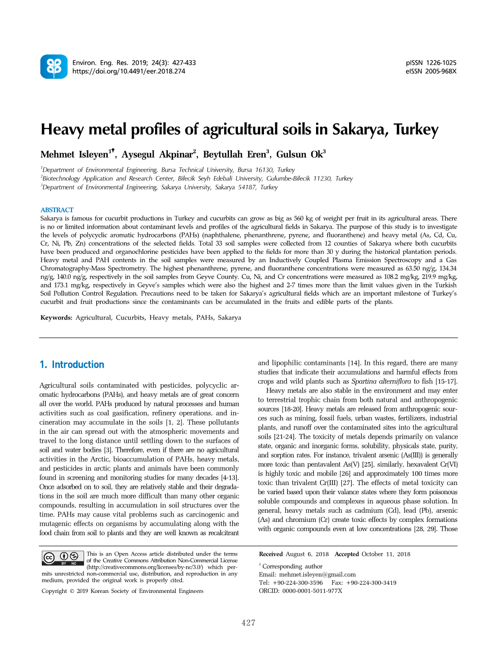 Heavy Metal Profiles of Agricultural Soils in Sakarya, Turkey