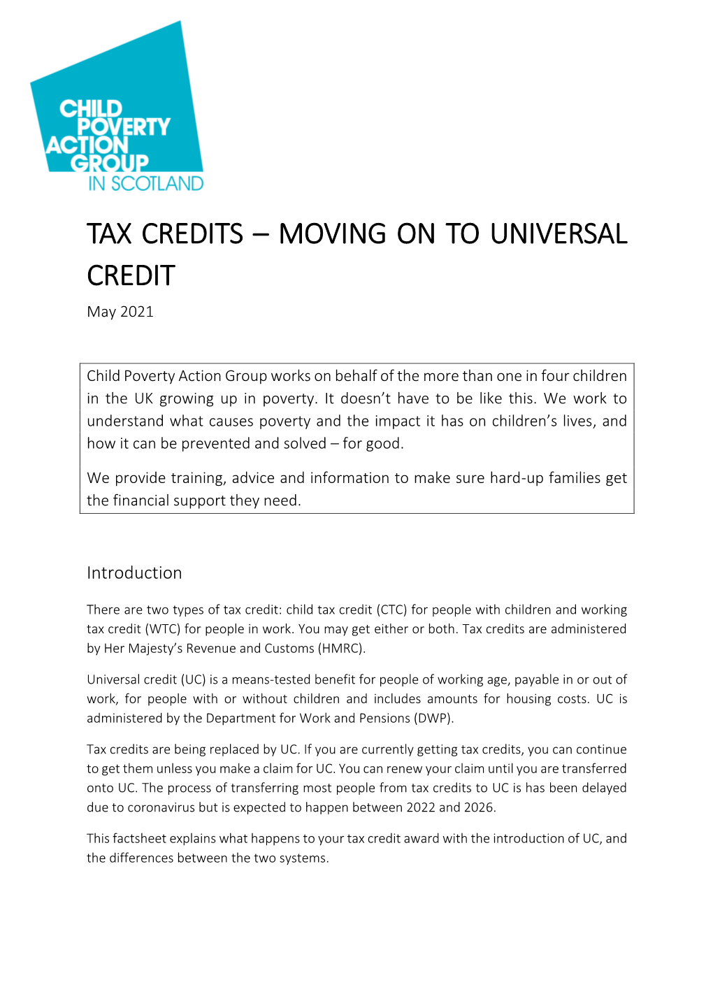 TAX CREDITS – MOVING on to UNIVERSAL CREDIT May 2021