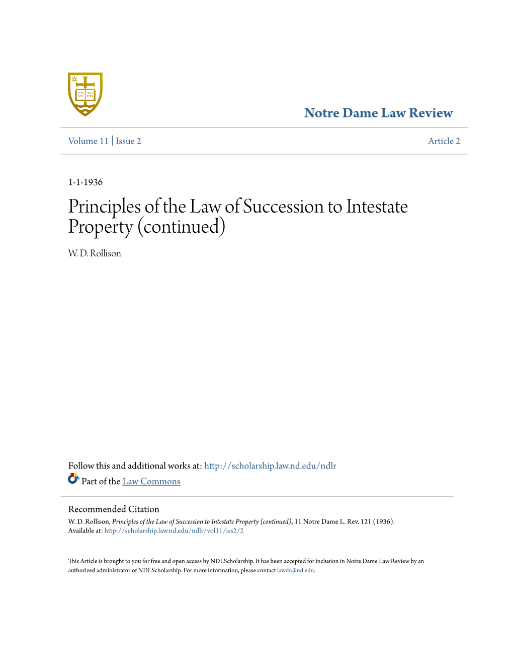 Principles of the Law of Succession to Intestate Property (Continued) W
