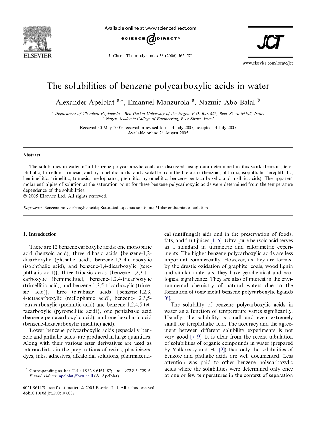 The Solubilities of Benzene Polycarboxylic Acids in Water