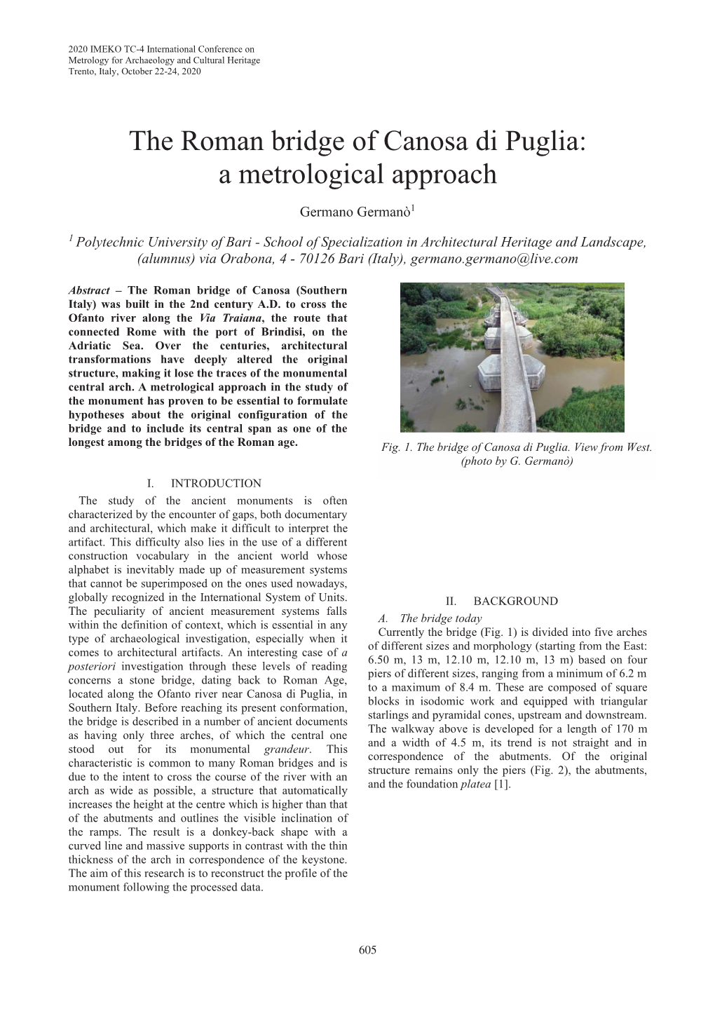 The Roman Bridge of Canosa Di Puglia: a Metrological Approach