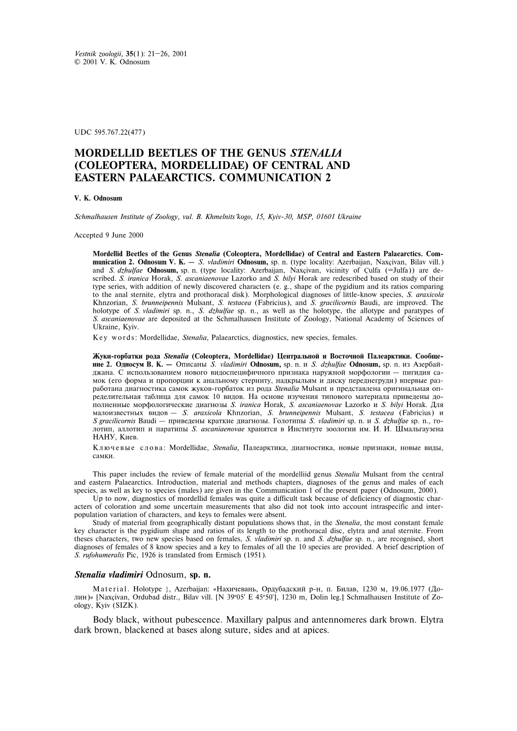 Mordellid Beetles of the Genus Stenalia (Coleoptera, Mordellidae) of Central and Eastern Palaearctics