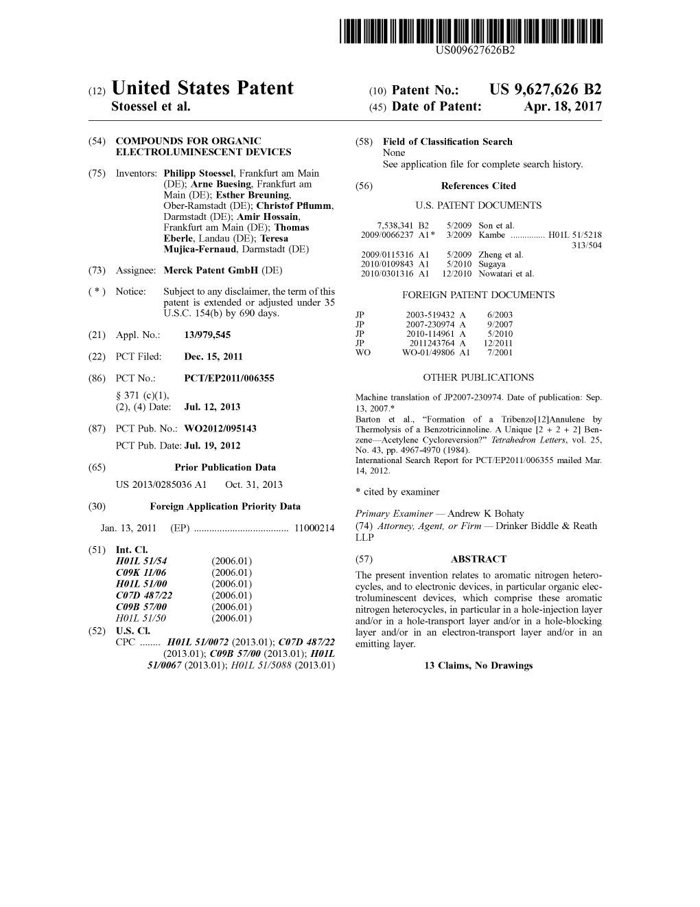 (12) United States Patent (10) Patent No.: US 9,627,626 B2 Stoessel Et Al