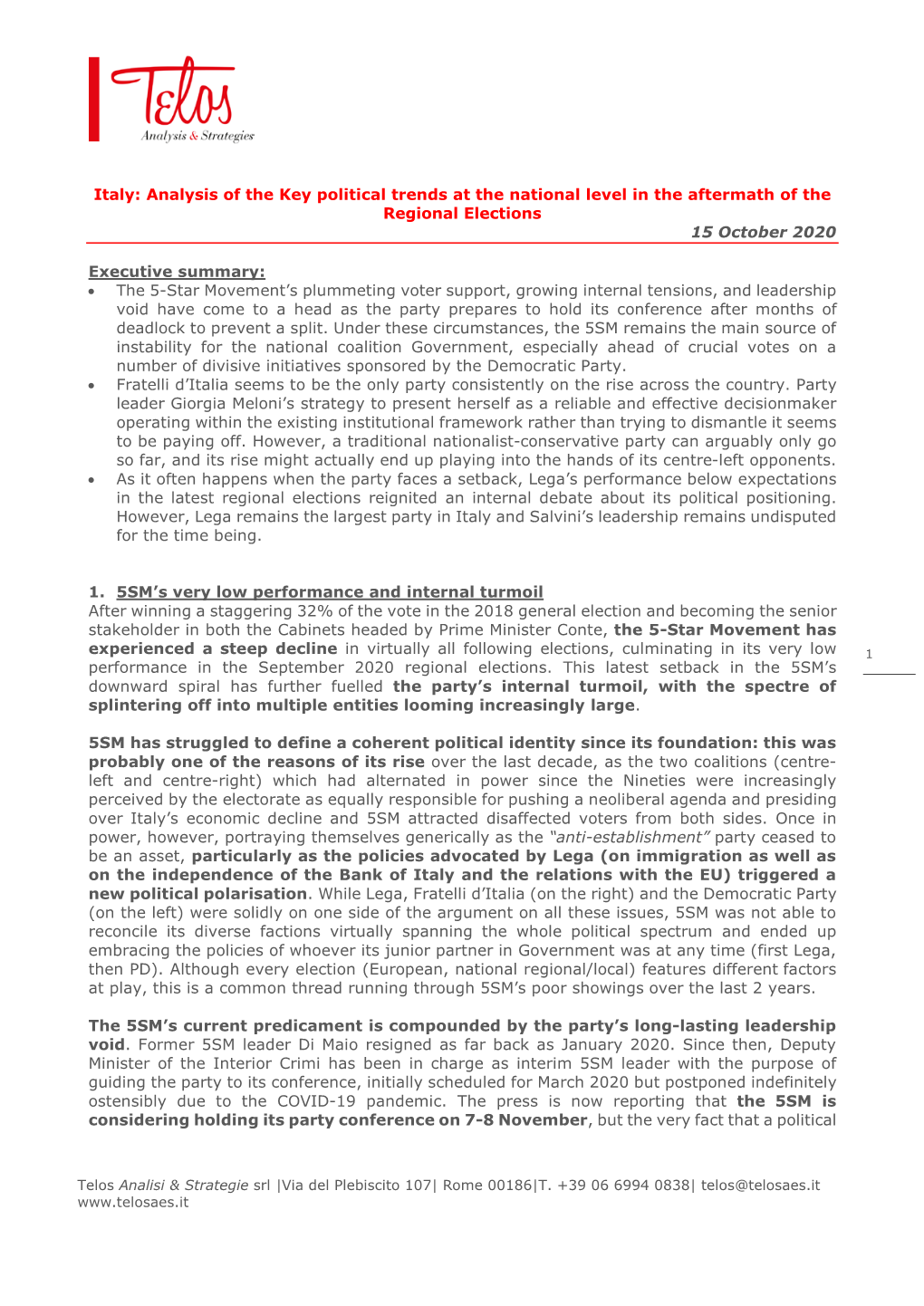 Analysis of the Key Political Trends at the National Level in the Aftermath of the Regional Elections 15 October 2020